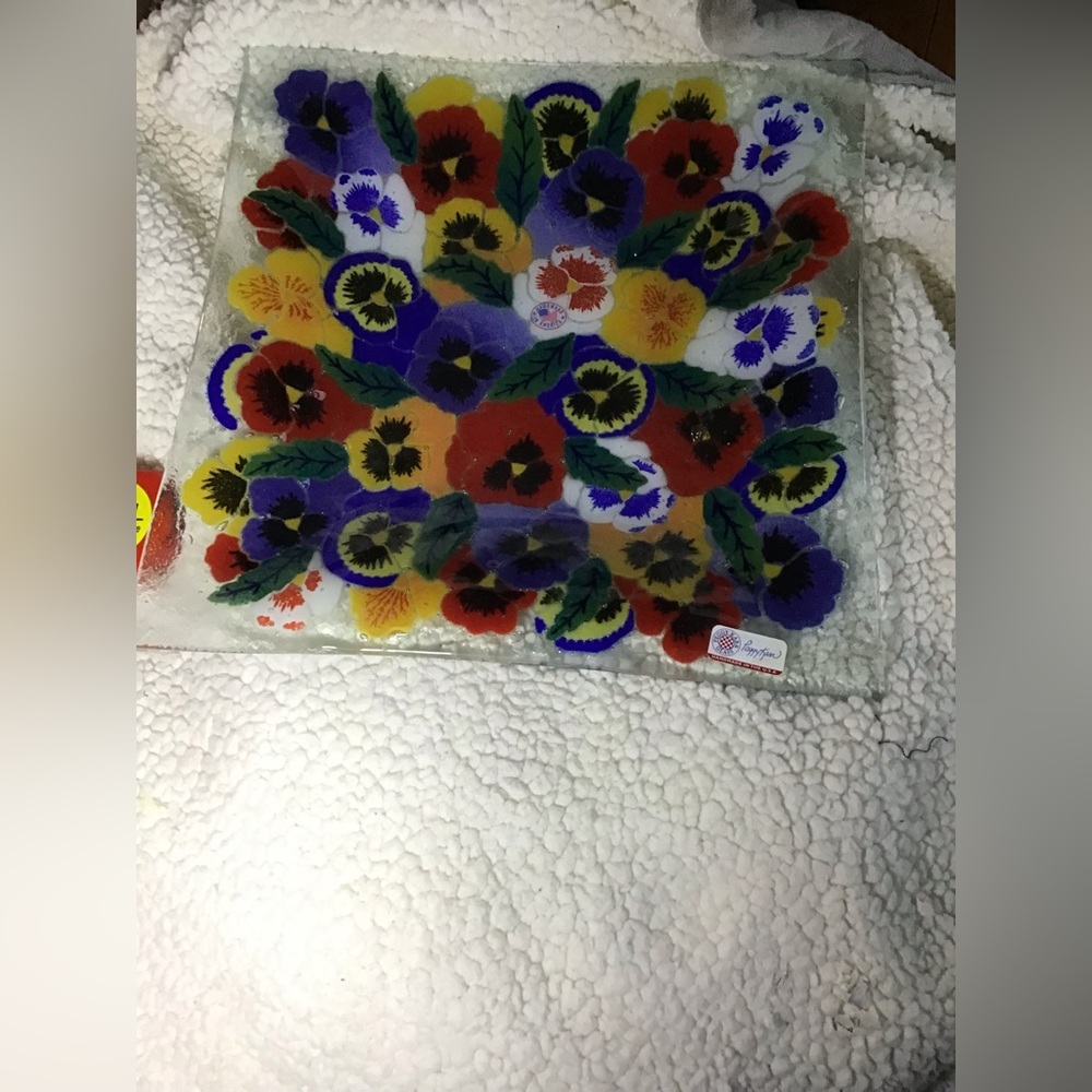 Peggy Karr Glass 13” Square Pansy Glass Bowl Handmade